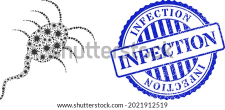 Virus collage infection microbe icon, and grunge INFECTION seal stamp. Infection microbe mosaic for isolation images, and corroded round blue seal imitation.