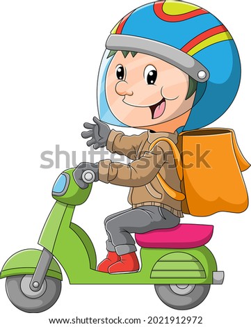 The courier is riding the motorcycle to deliver the goods of illustration