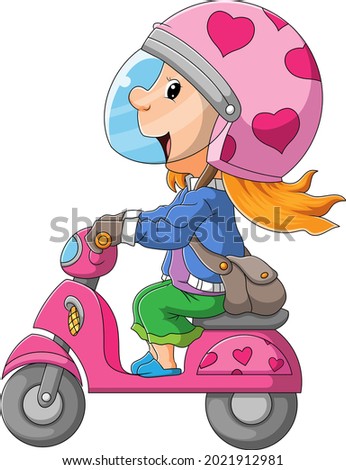 The women with the bright helmet is riding the motorcycle of illustration