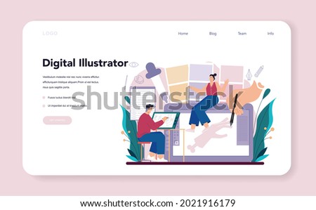 Illustration designer web banner or landing page. Artist drawing picture for book and magazines, digital illustration for web sites and advertising. Creative profession. Flat vector illustration