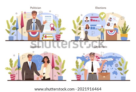 Politician concept set. Election and democratic governance. Political party program building. Diplomat profession. Country worldwide representation. Flat vector illustration