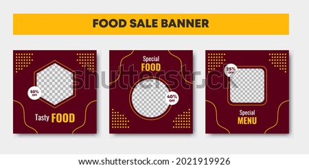 Food social media feed post template design. Suitable for social network post restaurant and culinary promotion. Maroon and yellow background layout template for food and drink business