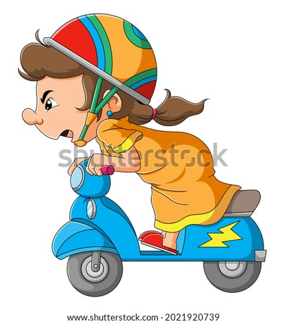 The girl is riding the motorcycle with the high speed of illustration