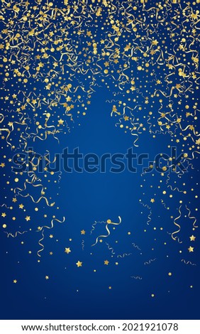 Yellow Streamer Carnival Vector Blue Background. Falling Ribbon Branch. Star Happy Invitation. Gold Flying Poster.