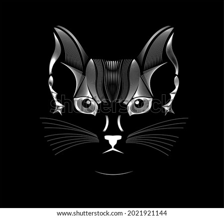 Transparent digital cat on a dark background of small lines