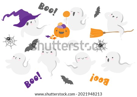 Halloween ghost in cute kawaii style. funny smiling samhain ghosts set with skull, bat, web, witch hat, broom, pumpkin, spirit and sweets. trick or treat stock cartoon image.