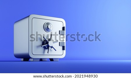 3d render, closed metallic safe box isolated on blue background. Banking safety symbol