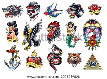 Set of popular traditional tattoo symbols isolated on white. EPS10 vector illustrations. Royalty-Free Stock Photo #2021959628