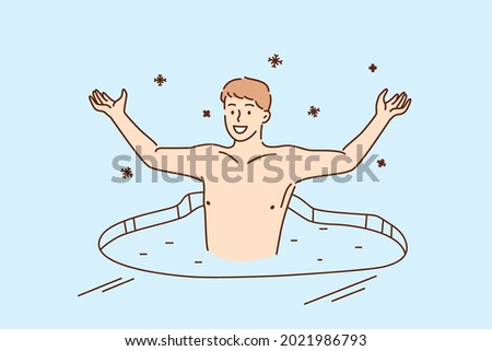 Healthy lifestyle challenge, sport activity concept. Smiling young man swimming in ice hole during winter taking part in Orthodox Church Holy Epiphany Day vector illustration 