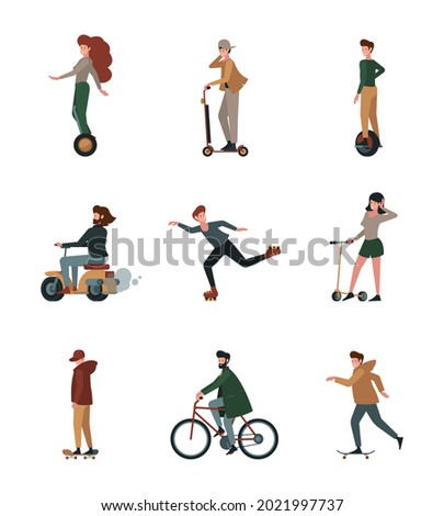 Activity people. Urban riding active lifestyle person on electric scooters rollers bikes vehicles garish vector flat illustrations