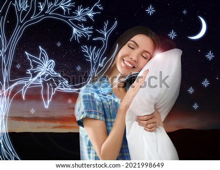 Beautiful Asian woman dreaming about fantastic world and fairy while sleeping, night starry sky on background