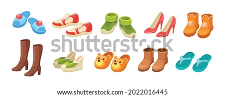 Set different shoes. Female male childish footwear for activity walking outdoor, domestic, beach recreation, warming or doing sports. Footgear pairs, house slippers, sneakers, sandals, cartoon vector Royalty-Free Stock Photo #2022016445