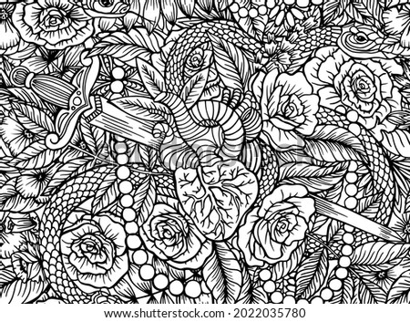 Vector hand drawn page for coloring book. A human heart pierced with a dagger with snakes and beautiful flowers and leaves. Line drawn seamless pattern with roses and animals