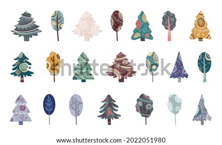 Collection of patterned trees. Illustrations with geometric ornaments.
