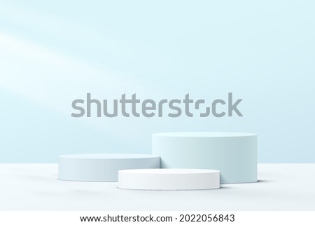 Abstract 3D white and blue steps cylinder pedestal podium with pastel blue minimal wall scene for cosmetic product display presentation. Vector geometric rendering platform design. Vector illustration