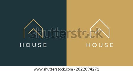 House Logo Line. White and Gold House Symbol isolated on Double Background. Usable for Real Estate, Construction, Architecture and Building Logos. Flat Vector Logo Design Template Element.