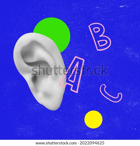 Modern design, contemporary art collage. Inspiration, idea, trendy urban magazine style. Human ear on blue geometrical background. Copy space for ad