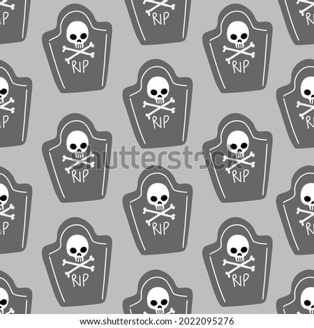 Cute tombstone with skull and crossbones seamless pattern in doodle style on light grey background for Halloween fashion print, wallpaper, gift wrapping paper etc.