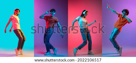 Enjoying music, dancing. Collage of images of four young people, man and women in headphones isolated over multicolored neon backgrounds. Flyer. Copyspace for ad. Royalty-Free Stock Photo #2022106517