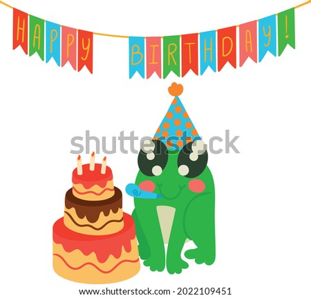Greeting card with cute frog in a birthday cap and cake with candles. Vector illustration isolated on white background.