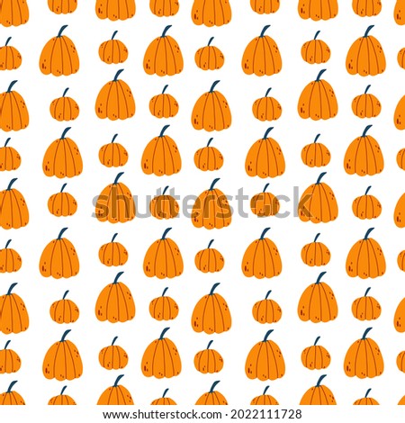 Seamless pattern for Thanksgiving, Halloween with pumpkin in hand drawn cartoon childish style on white background. Autumn harvest vector illustration for baby apparel, textile and product design