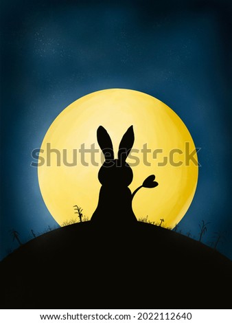 Silhouettes of lonely rabbit looking full moon at the night, Illustration background.