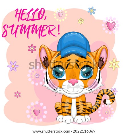 Cartoon tiger in summer hat, Summer is coming. Vacation, sea, rest. Children's stylistics, cute. Symbol of 2022 New Year