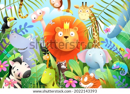 Jungle animals for children with lion king in tropical forest and his baby animal friends. Wild jungle safari or zoo cartoon for Kids and children. Vector cartoon illustration in watercolor style.