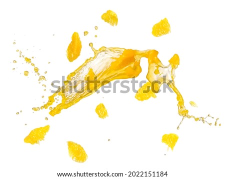 Orange juice with fruit pulp splash on white background Royalty-Free Stock Photo #2022151184