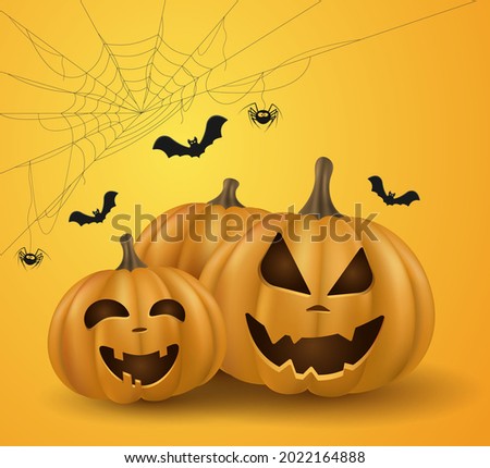 Emotional cartoon 3d pumpkins for the holiday Halloween. Festive cover. Trick or treat. Cobweb with spider and bats. Vector illustration. EPS 10