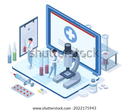 Isometric online medical healthcare concept. Pharmacy research, medical treatment, healthcare diagnostic vector illustration. Online medical service concept. Laptop screen with scientists Royalty-Free Stock Photo #2022175943
