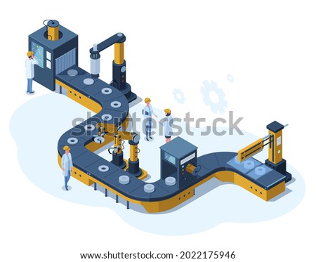 Isometric factory automated mechanised conveyor line. Industrial automated robotic conveyor, production 3d line vector illustration. Electronic factory assembly line with plant workers Royalty-Free Stock Photo #2022175946