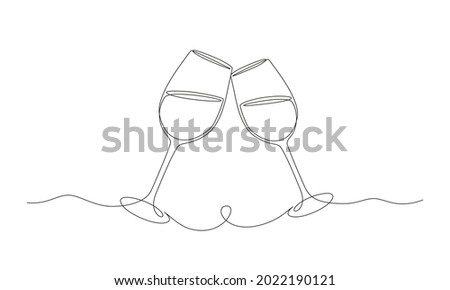 Continuous one line drawing of two glasses of red wine. Minimalist linear concept of celebrate and cheering. Editable stroke Vector illustration Royalty-Free Stock Photo #2022190121
