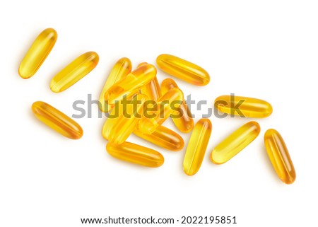 Fish oil capsules isolated on white background with clipping path and full depth of field. Top view. Flat lay