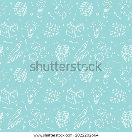 Seamless colorful vector  pattern with puzzle, competition in answering quiz and intellectual game elements. Intelligence or intellect contest backdrop, brainstorm Royalty-Free Stock Photo #2022202664