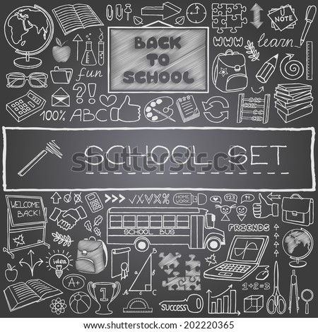 Hand drawn "Back to School" theme icons set. Vector Illustration. Royalty-Free Stock Photo #202220365