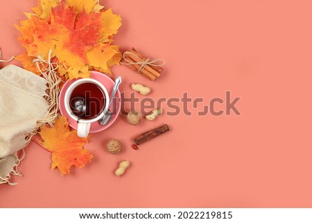 Autumn composition flat lay, seasonal background with maple leaves, cinnamon and tea, place for text. Happy Thanksgiving concept, greeting card, banner for screen, top view, selective focus