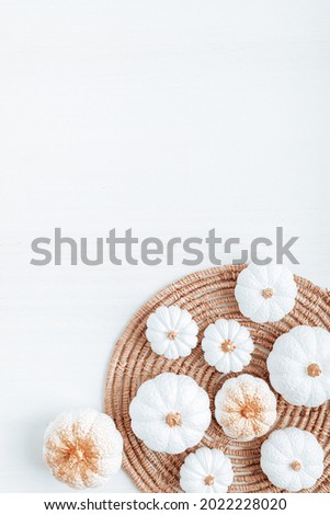 Collection of white handmade plaster pumpkins. Autumn seasonal holidays background