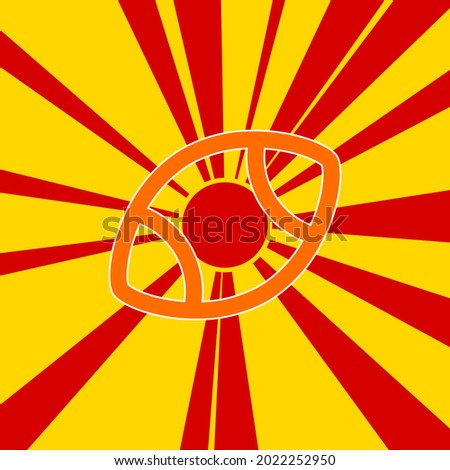 Rugby symbol on a background of red flash explosion radial lines. The large orange symbol is located in the center of the sun, symbolizing the sunrise. Vector illustration on yellow background