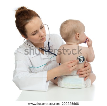 Doctor or nurse auscultating child baby patient heart with stethoscope physical therapy closeup composition on a white background