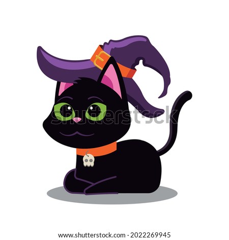 Kawaii cartoon black cat with witch hat Halloween