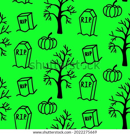 Vector halloween seamless pattern of grave, cemetery, pumpkin, dry tree. Funny, cute illustration for seasonal design, textile, decoration kids playroom or greeting card. Hand drawn prints and doodle.