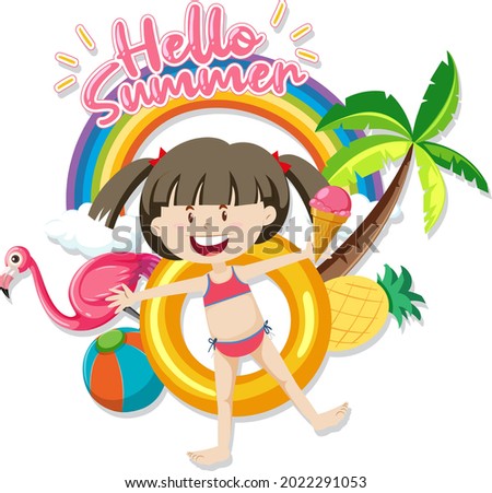 Hello Summer font with a girl and beach items isolated illustration
