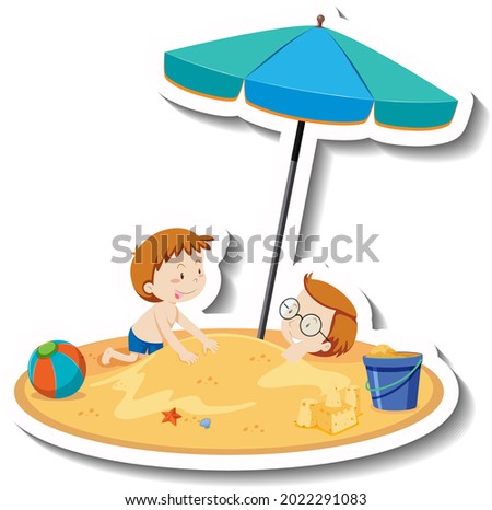 Kids playing at the beach cartoon sticker illustration
