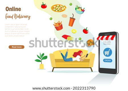 Woman on sofa order foods on smartphone app. Online food shopping, delivery service and e-commerce business. Vector template, banner design.