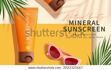 Flat lay of sunscreen tubes with summer palm leaves and sunglasses on yellow background in 3d illustration. Suitable for summer cosmetic products. Royalty-Free Stock Photo #2022325667