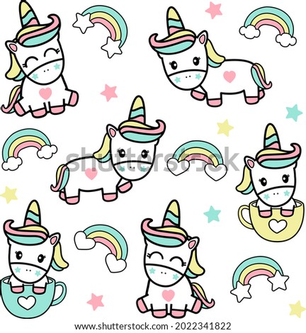 Cute Unicorn and Rainbow hand drawn Art  Design for t-shirt, greeting card or poster design Background Vector Illustration.