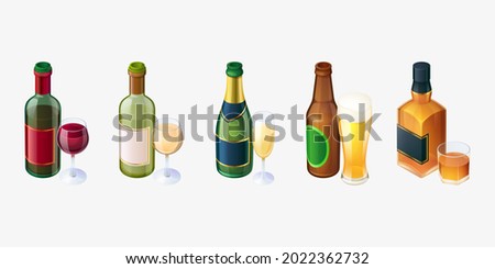 Set bottles and glasses, red and white wine, beer
