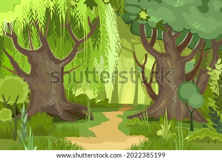 Forest road. Summer landscape. Light foggy thickets. Dense foliage. Green trees view. Cartoon flat style. Nature illustration. Trunks of trees. Vector