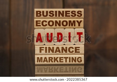 Finance and economics concept. Wooden blocks with the text - Business, Economy, Finance, Marketing and AUDIT